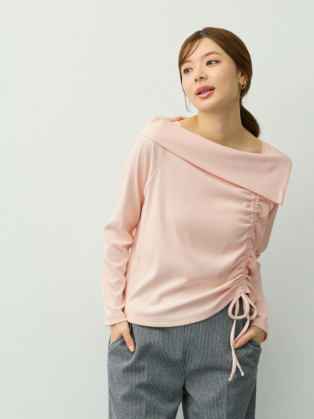 マタニティトップス・授乳服トップス|オフショル風ギャザートップス　マタニティ・産後授乳服【出産後も長く着られる】|ペールピンク