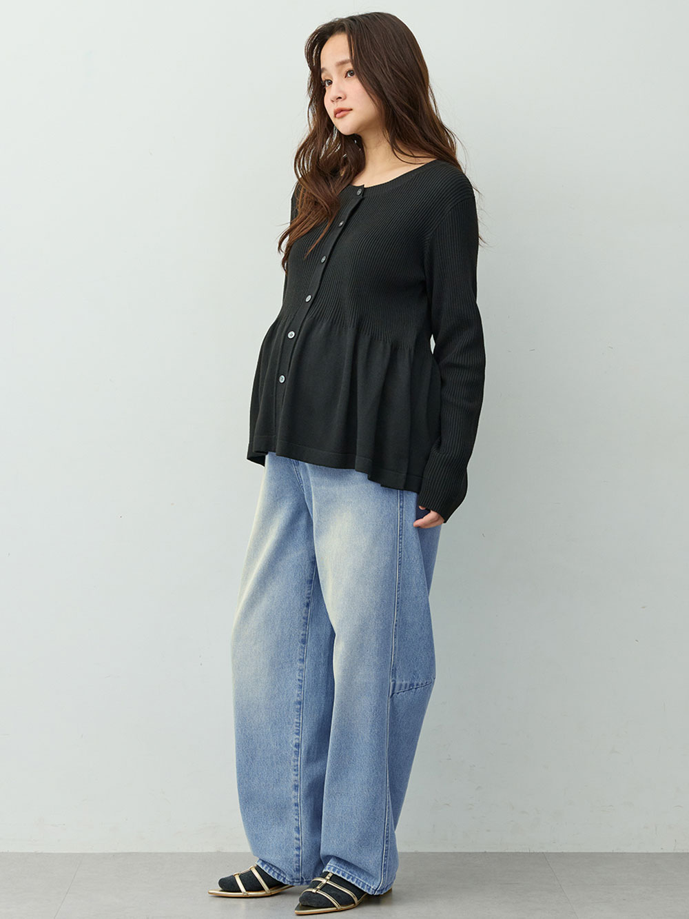 マタニティ パンツ|綿100％バレルデニムパンツ　マタニティ・産後【出産後も長く着られる】|ブルー