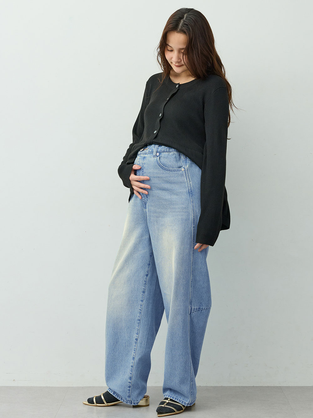マタニティ パンツ|綿100％バレルデニムパンツ　マタニティ・産後【出産後も長く着られる】|ブルー