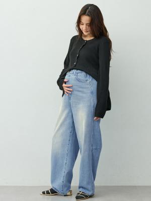 マタニティ パンツ|綿100％バレルデニムパンツ　マタニティ・産後【出産後も長く着られる】|ブルー