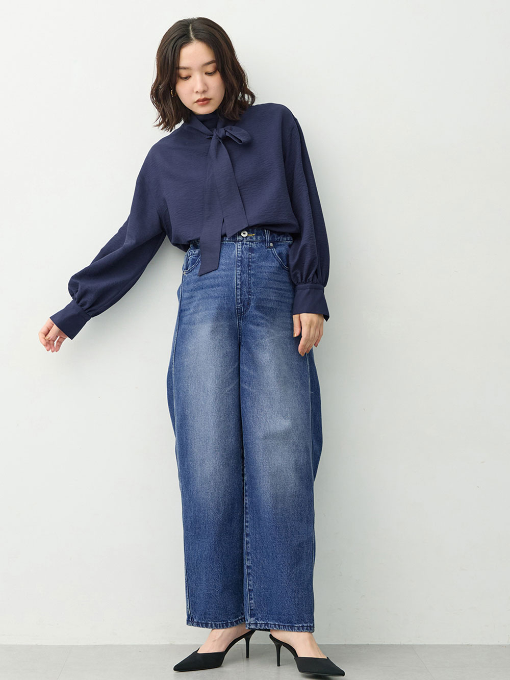 マタニティ パンツ|綿100％バレルデニムパンツ　マタニティ・産後【出産後も長く着られる】|ネイビー