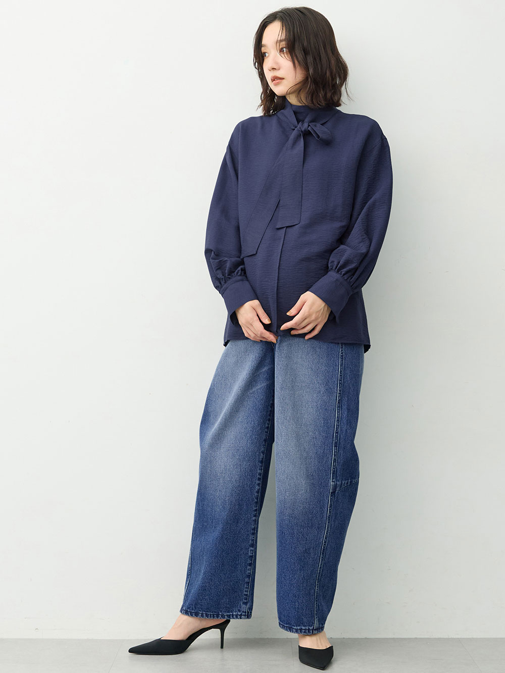 マタニティ パンツ|綿100％バレルデニムパンツ　マタニティ・産後【出産後も長く着られる】|ネイビー