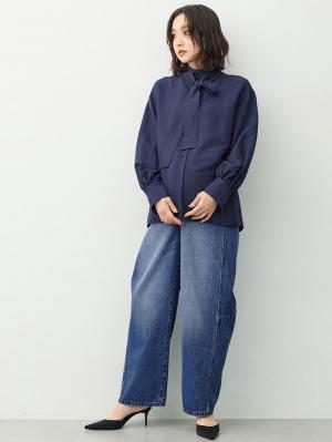 マタニティ パンツ|綿100％バレルデニムパンツ　マタニティ・産後【出産後も長く着られる】|ネイビー