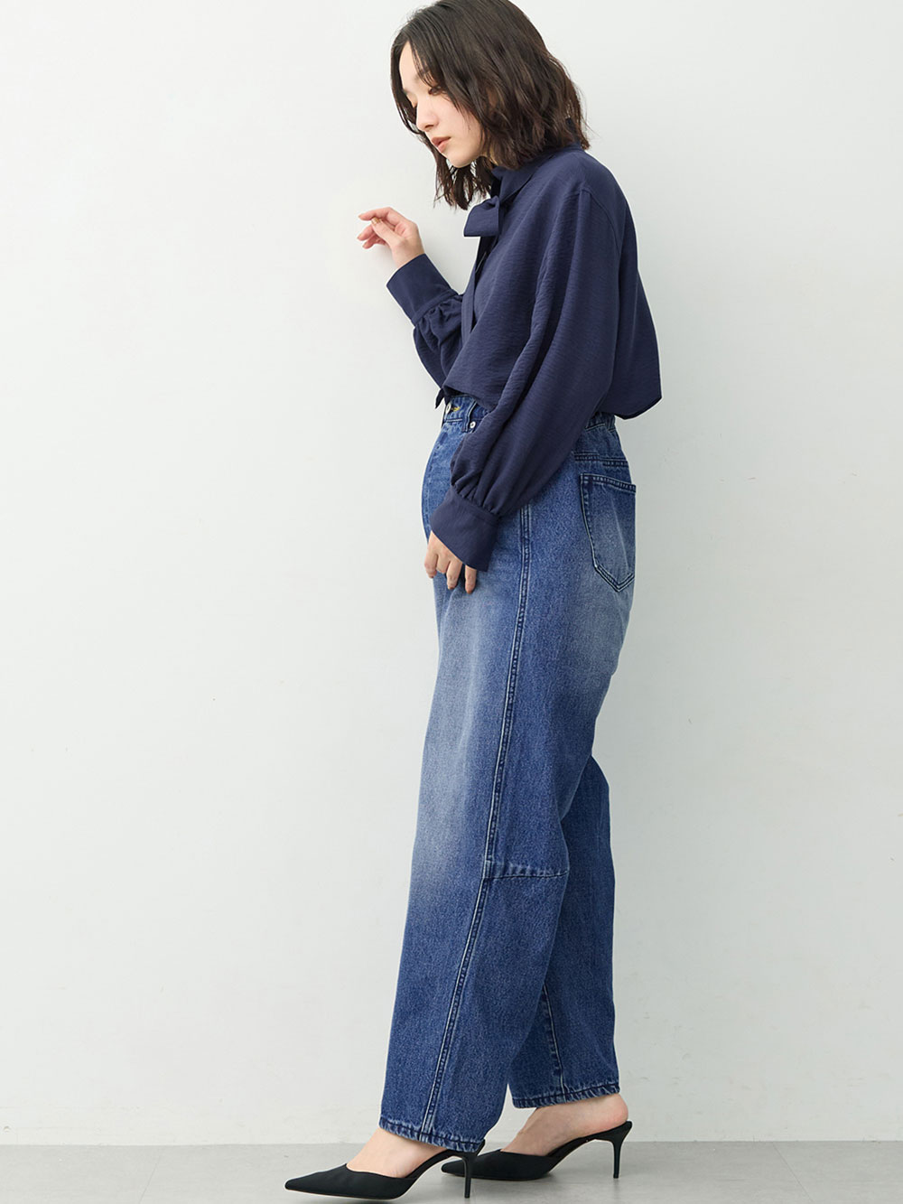 マタニティ パンツ|綿100％バレルデニムパンツ　マタニティ・産後【出産後も長く着られる】|ネイビー