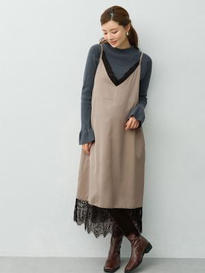 マタニティ ワンピース|裾レースキャミワンピース　マタニティ・産後【出産後も長く着られる】|グレージュ