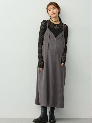 マタニティ ワンピース|【セット】レーストップス×ツイード風キャミワンピース　マタニティ・産後【出産後も長く着られる】|チャコール