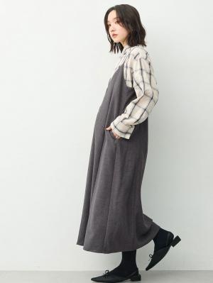 マタニティ ワンピース|【セット】レーストップス×ツイード風キャミワンピース　マタニティ・産後【出産後も長く着られる】|チャコール