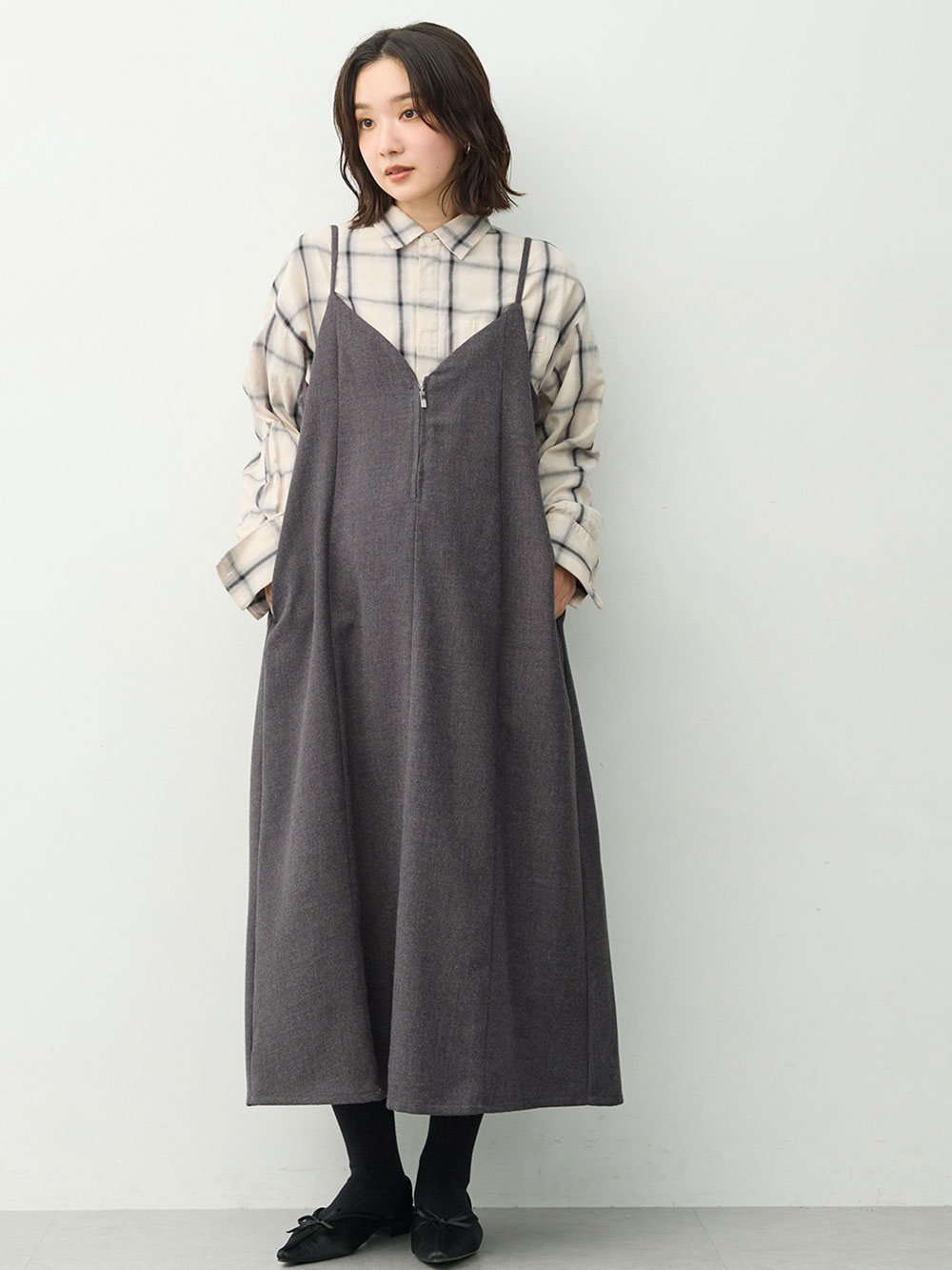 マタニティ ワンピース|【セット】レーストップス×ツイード風キャミワンピース　マタニティ・産後【出産後も長く着られる】|チャコール