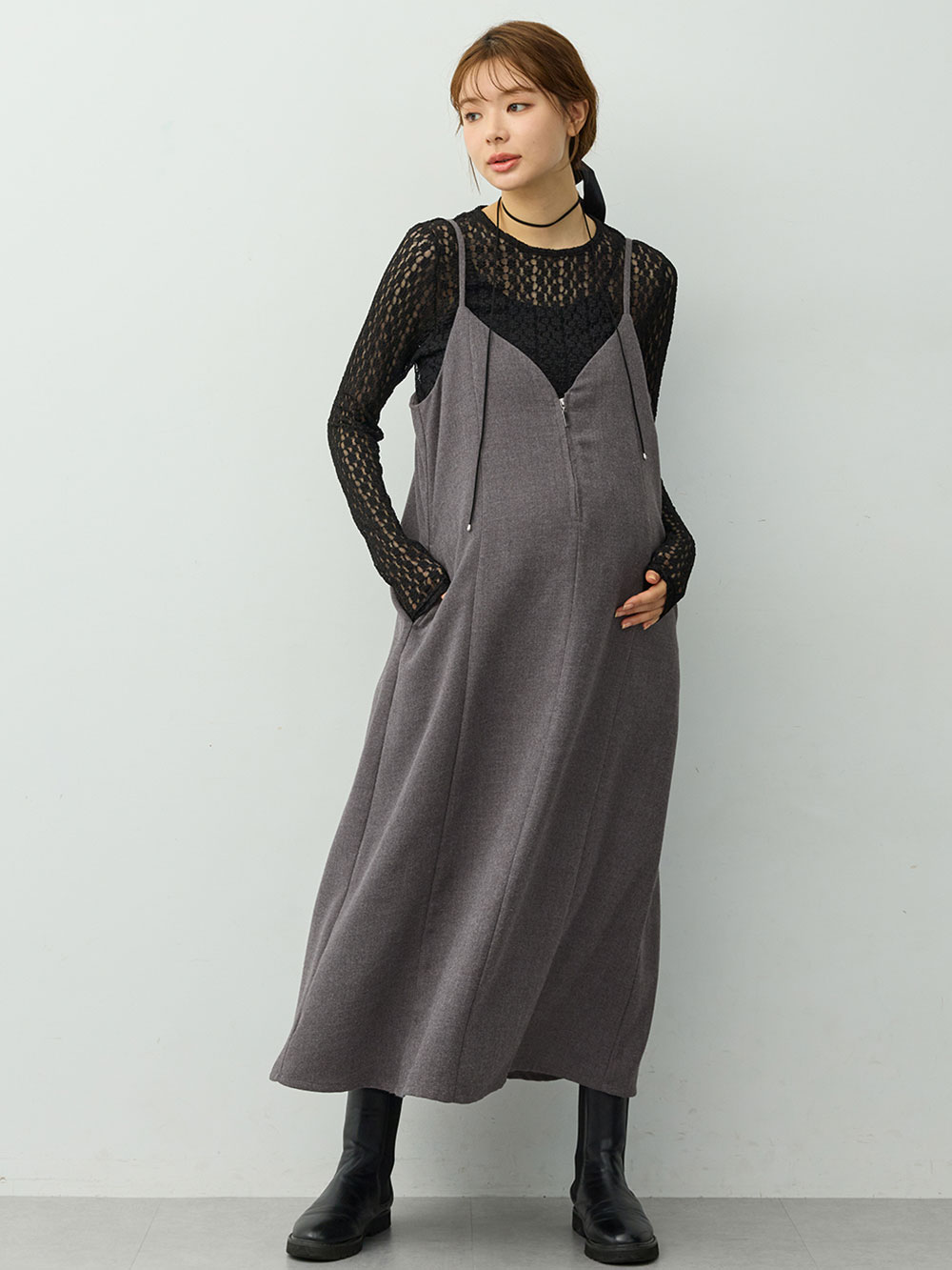 マタニティ ワンピース|【セット】レーストップス×ツイード風キャミワンピース　マタニティ・産後【出産後も長く着られる】|チャコール