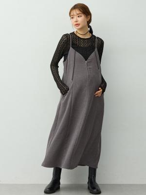 マタニティ ワンピース|【セット】レーストップス×ツイード風キャミワンピース　マタニティ・産後【出産後も長く着られる】|チャコール