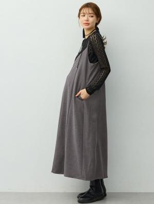 マタニティ ワンピース|【セット】レーストップス×ツイード風キャミワンピース　マタニティ・産後【出産後も長く着られる】|チャコール