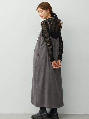 マタニティ ワンピース|【セット】レーストップス×ツイード風キャミワンピース　マタニティ・産後【出産後も長く着られる】|チャコール