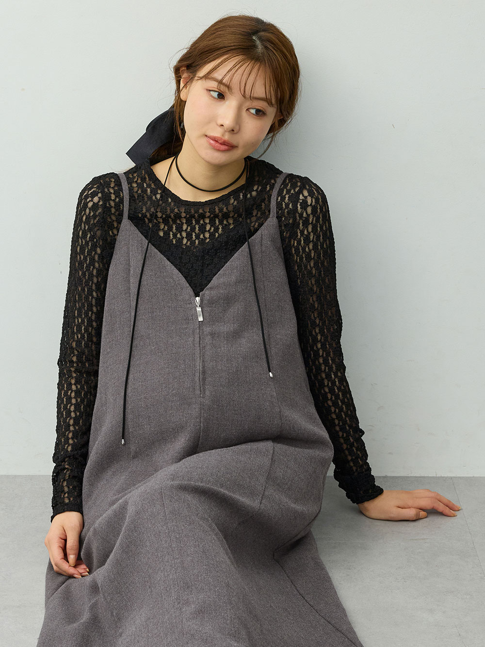マタニティ ワンピース|【セット】レーストップス×ツイード風キャミワンピース　マタニティ・産後【出産後も長く着られる】|チャコール