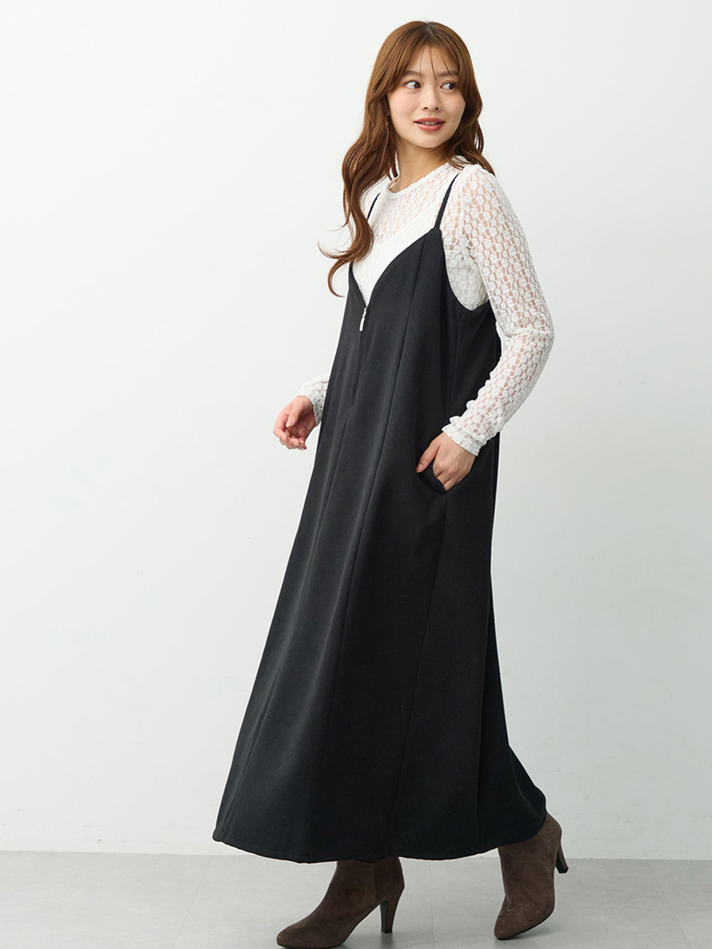 マタニティ ワンピース|【セット】レーストップス×ツイード風キャミワンピース　マタニティ・産後【出産後も長く着られる】|ブラック