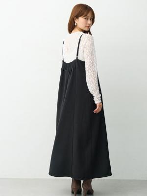 マタニティ ワンピース|【セット】レーストップス×ツイード風キャミワンピース　マタニティ・産後【出産後も長く着られる】|ブラック