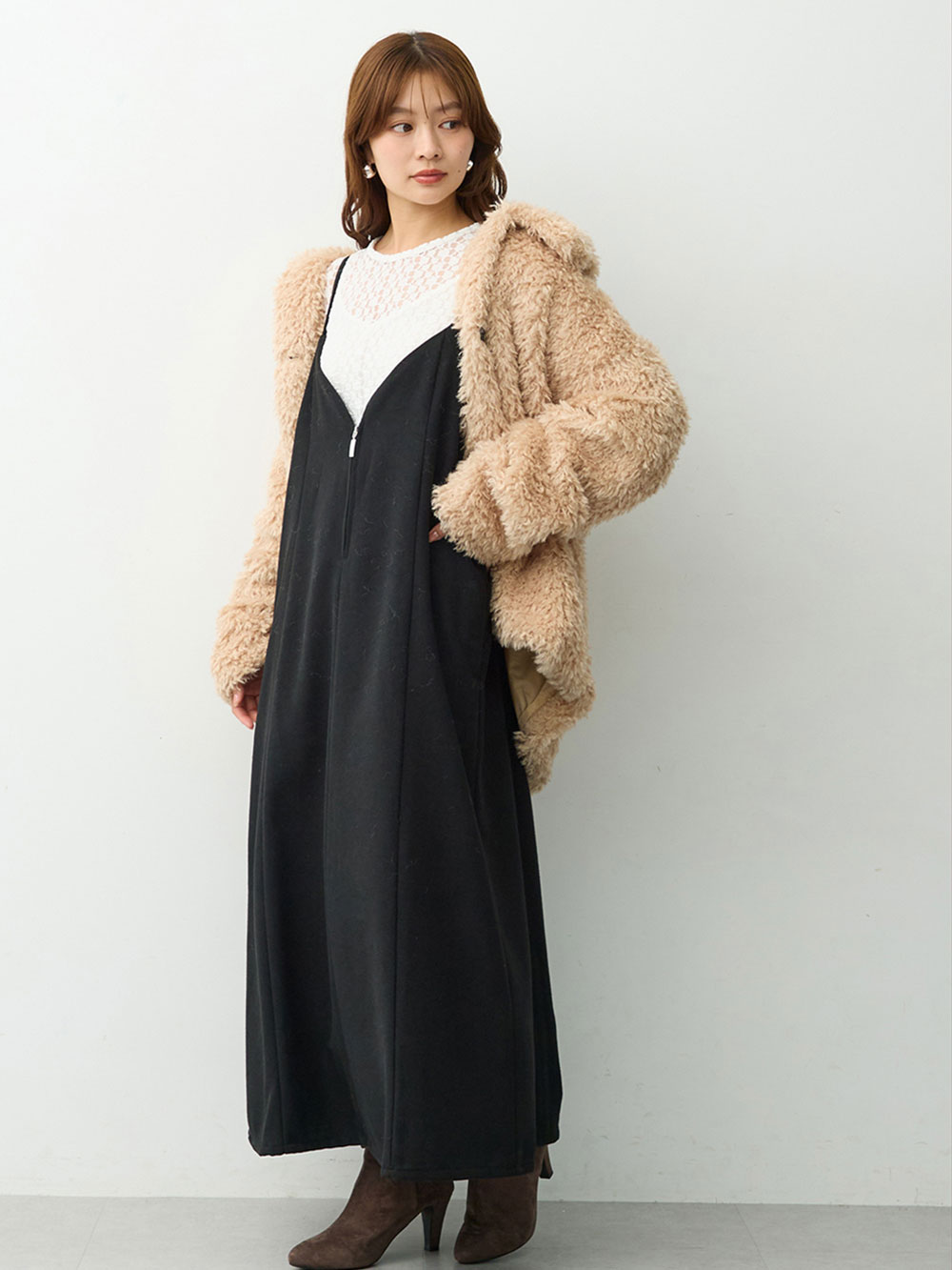 マタニティ ワンピース|【セット】レーストップス×ツイード風キャミワンピース　マタニティ・産後【出産後も長く着られる】|ブラック