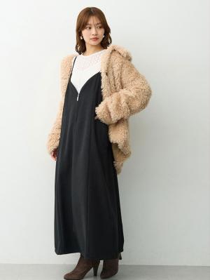 マタニティ ワンピース|【セット】レーストップス×ツイード風キャミワンピース　マタニティ・産後【出産後も長く着られる】|ブラック