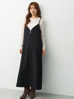 マタニティ ワンピース|【セット】レーストップス×ツイード風キャミワンピース　マタニティ・産後【出産後も長く着られる】|ブラック