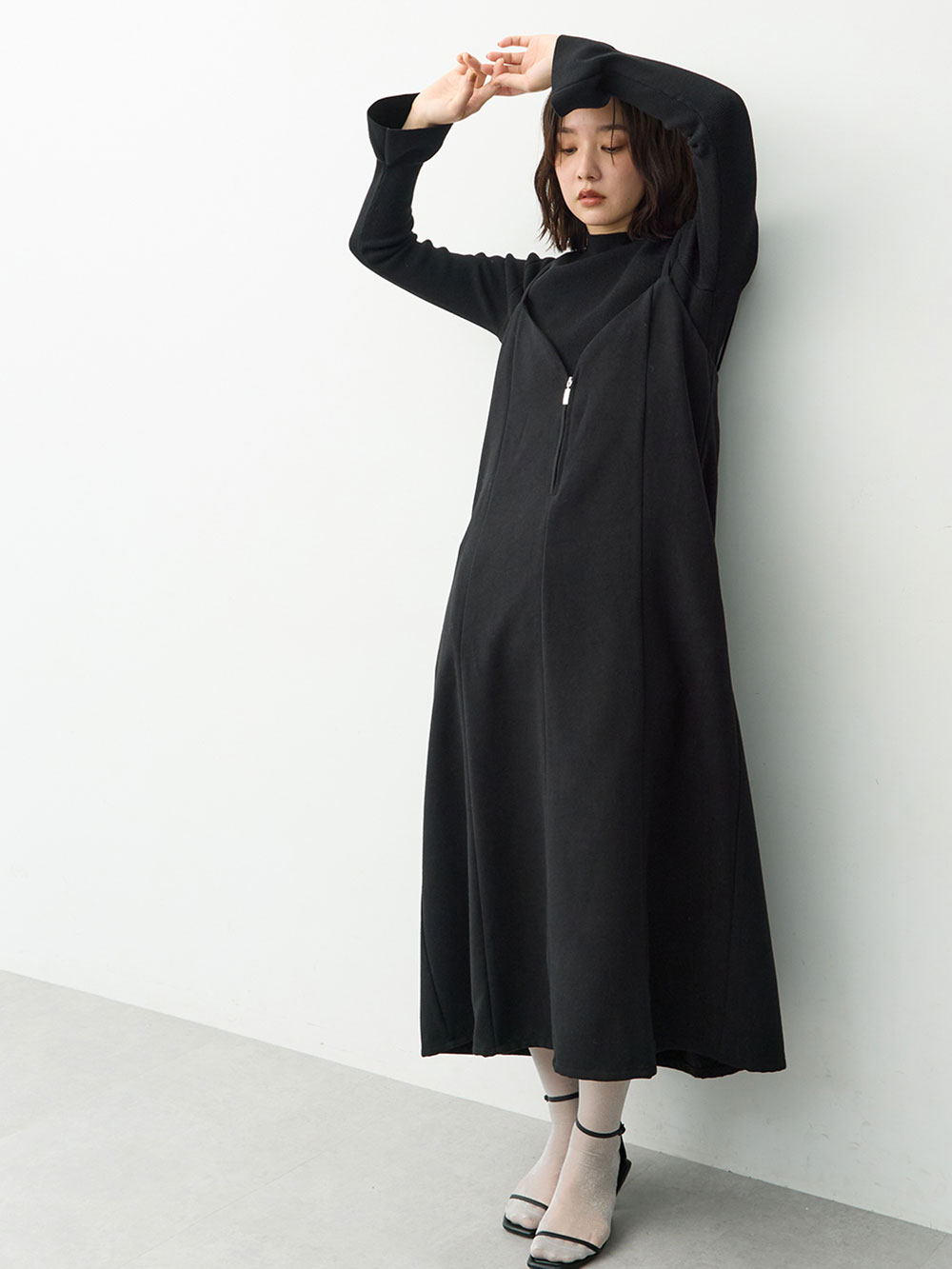マタニティ ワンピース|【セット】レーストップス×ツイード風キャミワンピース　マタニティ・産後【出産後も長く着られる】|ブラック