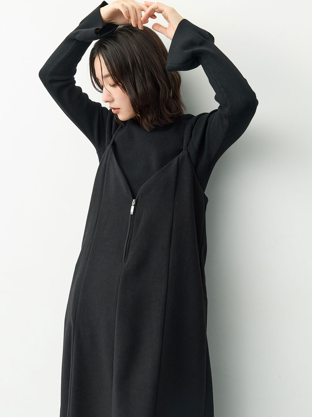 マタニティ ワンピース|【セット】レーストップス×ツイード風キャミワンピース　マタニティ・産後【出産後も長く着られる】|ブラック