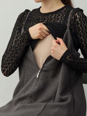 マタニティ ワンピース|【セット】レーストップス×ツイード風キャミワンピース　マタニティ・産後【出産後も長く着られる】|チャコール