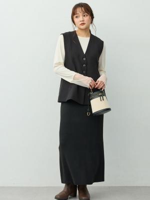 マタニティトップス・授乳服トップス|【セットアップ可】ベルト付きジレ　マタニティ・産後【出産後も長く着られる】|ツイードブラック