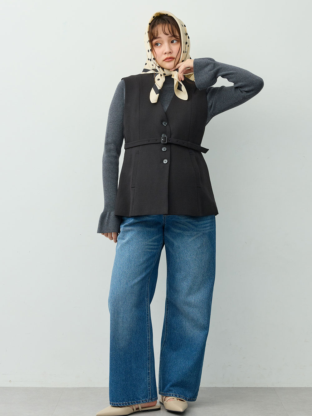 マタニティトップス・授乳服トップス|【セットアップ可】ベルト付きジレ　マタニティ・産後【出産後も長く着られる】|ツイードブラック
