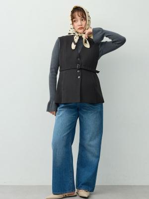 マタニティトップス・授乳服トップス|【セットアップ可】ベルト付きジレ　マタニティ・産後【出産後も長く着られる】|ツイードブラック