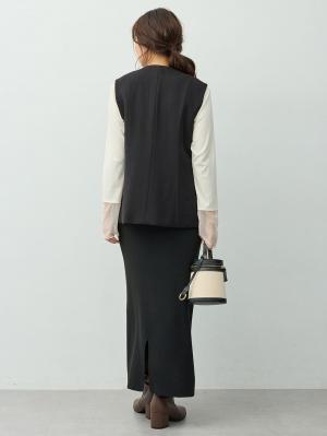 マタニティトップス・授乳服トップス|【セットアップ可】ベルト付きジレ　マタニティ・産後【出産後も長く着られる】|ツイードブラック