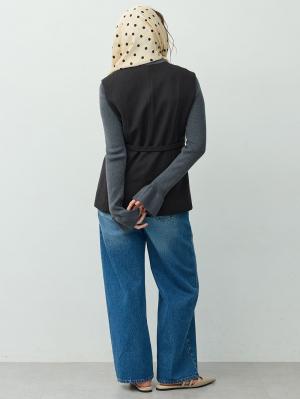 マタニティトップス・授乳服トップス|【セットアップ可】ベルト付きジレ　マタニティ・産後【出産後も長く着られる】|ツイードブラック