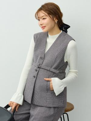 マタニティトップス・授乳服トップス|【セットアップ可】ベルト付きジレ　マタニティ・産後【出産後も長く着られる】|千鳥