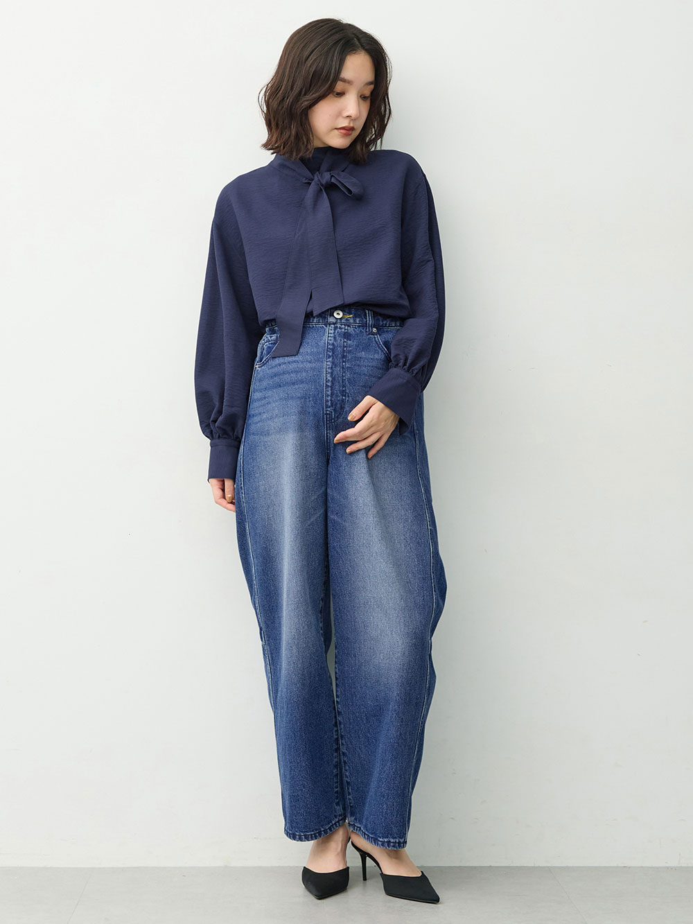 マタニティトップス・授乳服トップス|【4WAY着用可】ボウタイ付きブラウス　マタニティ・授乳服【出産後も長く着られる】|ネイビー