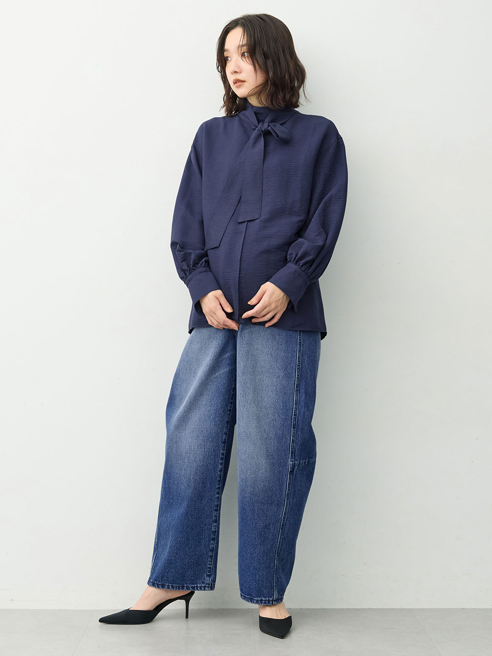マタニティトップス・授乳服トップス|【4WAY着用可】ボウタイ付きブラウス　マタニティ・授乳服【出産後も長く着られる】|ネイビー