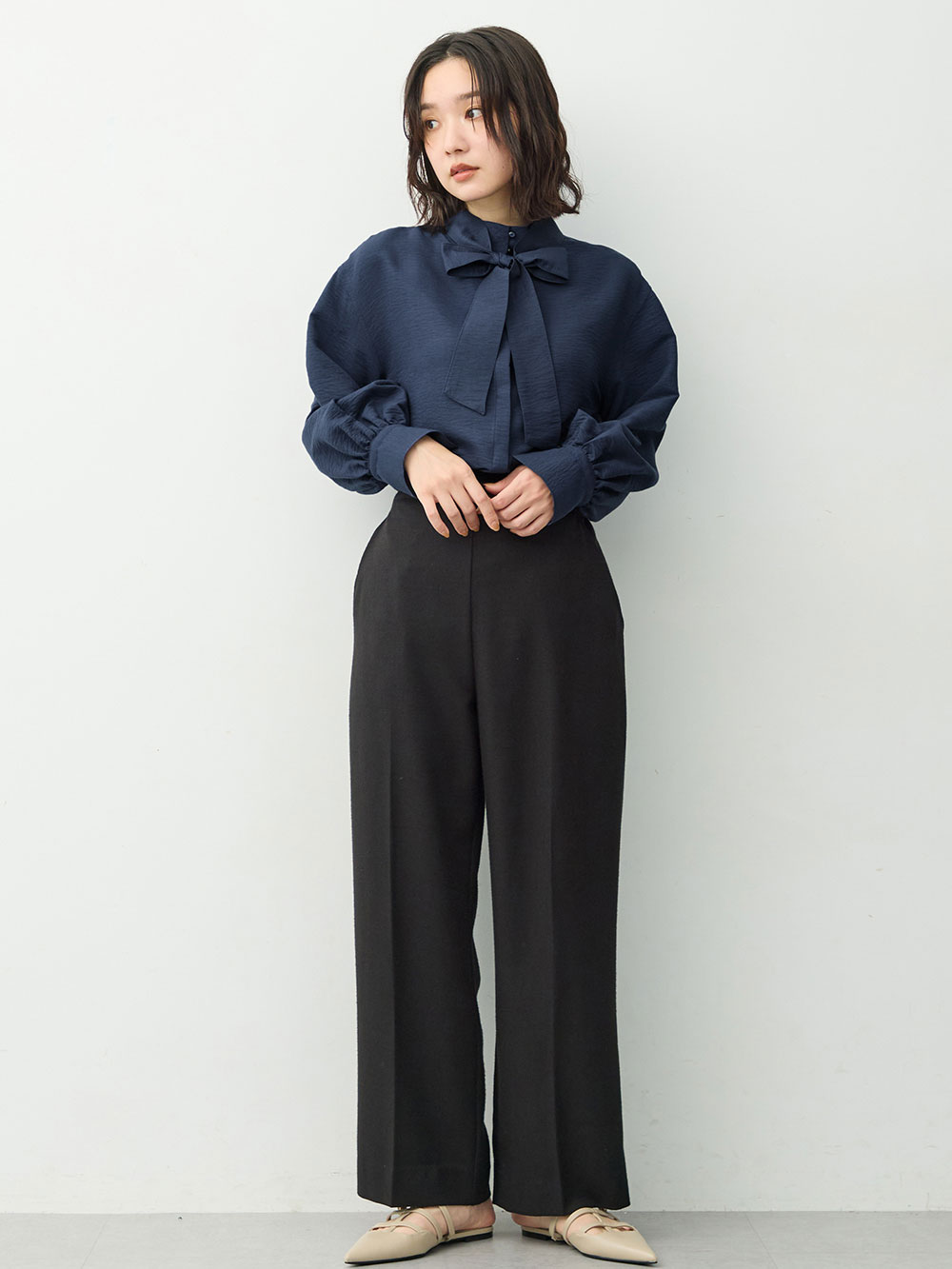 マタニティトップス・授乳服トップス|【4WAY着用可】ボウタイ付きブラウス　マタニティ・授乳服【出産後も長く着られる】|ネイビー