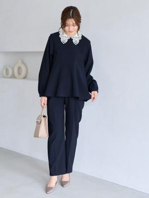 マタニティトップス・授乳服トップス|【セットアップ可】取り外しできる襟付きペプラムトップス　マタニティ・産後授乳服【出産後も長く着られる】|ネイビー