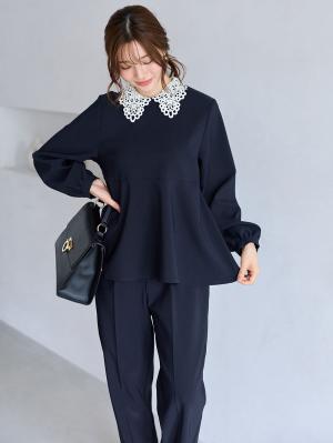 マタニティトップス・授乳服トップス|【セットアップ可】取り外しできる襟付きペプラムトップス　マタニティ・産後授乳服【出産後も長く着られる】|ネイビー