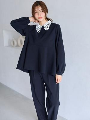 マタニティトップス・授乳服トップス|【セットアップ可】取り外しできる襟付きペプラムトップス　マタニティ・産後授乳服【出産後も長く着られる】|ネイビー