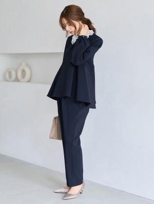 マタニティトップス・授乳服トップス|【セットアップ可】取り外しできる襟付きペプラムトップス　マタニティ・産後授乳服【出産後も長く着られる】|ネイビー