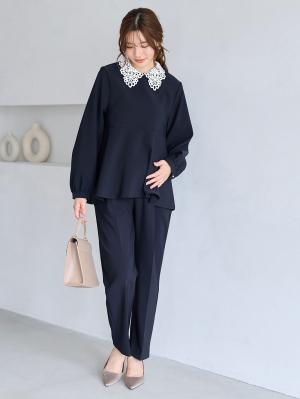 マタニティトップス・授乳服トップス|【セットアップ可】取り外しできる襟付きペプラムトップス　マタニティ・産後授乳服【出産後も長く着られる】|ネイビー