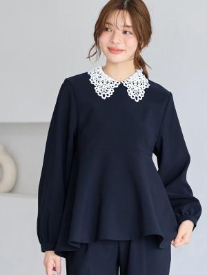 マタニティトップス・授乳服トップス|【セットアップ可】取り外しできる襟付きペプラムトップス　マタニティ・産後授乳服【出産後も長く着られる】|ネイビー