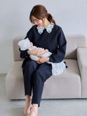 マタニティトップス・授乳服トップス|【セットアップ可】取り外しできる襟付きペプラムトップス　マタニティ・産後授乳服【出産後も長く着られる】|ネイビー