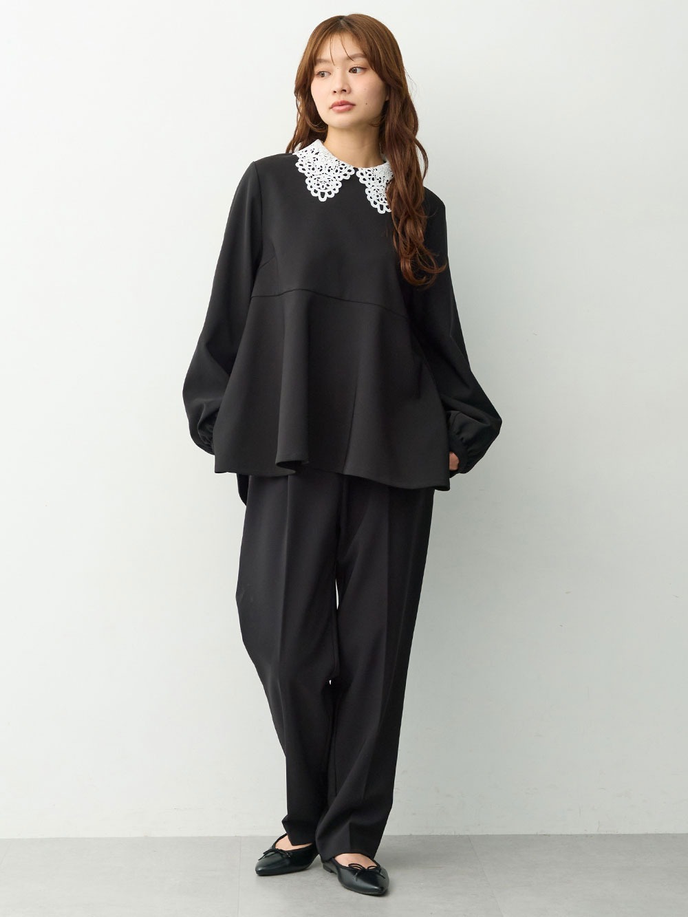 マタニティトップス・授乳服トップス|【セットアップ可】取り外しできる襟付きペプラムトップス　マタニティ・産後授乳服【出産後も長く着られる】|ブラック
