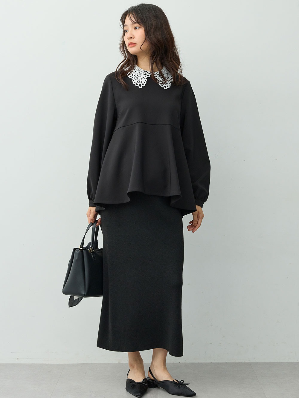 マタニティトップス・授乳服トップス|【セットアップ可】取り外しできる襟付きペプラムトップス　マタニティ・産後授乳服【出産後も長く着られる】|ブラック