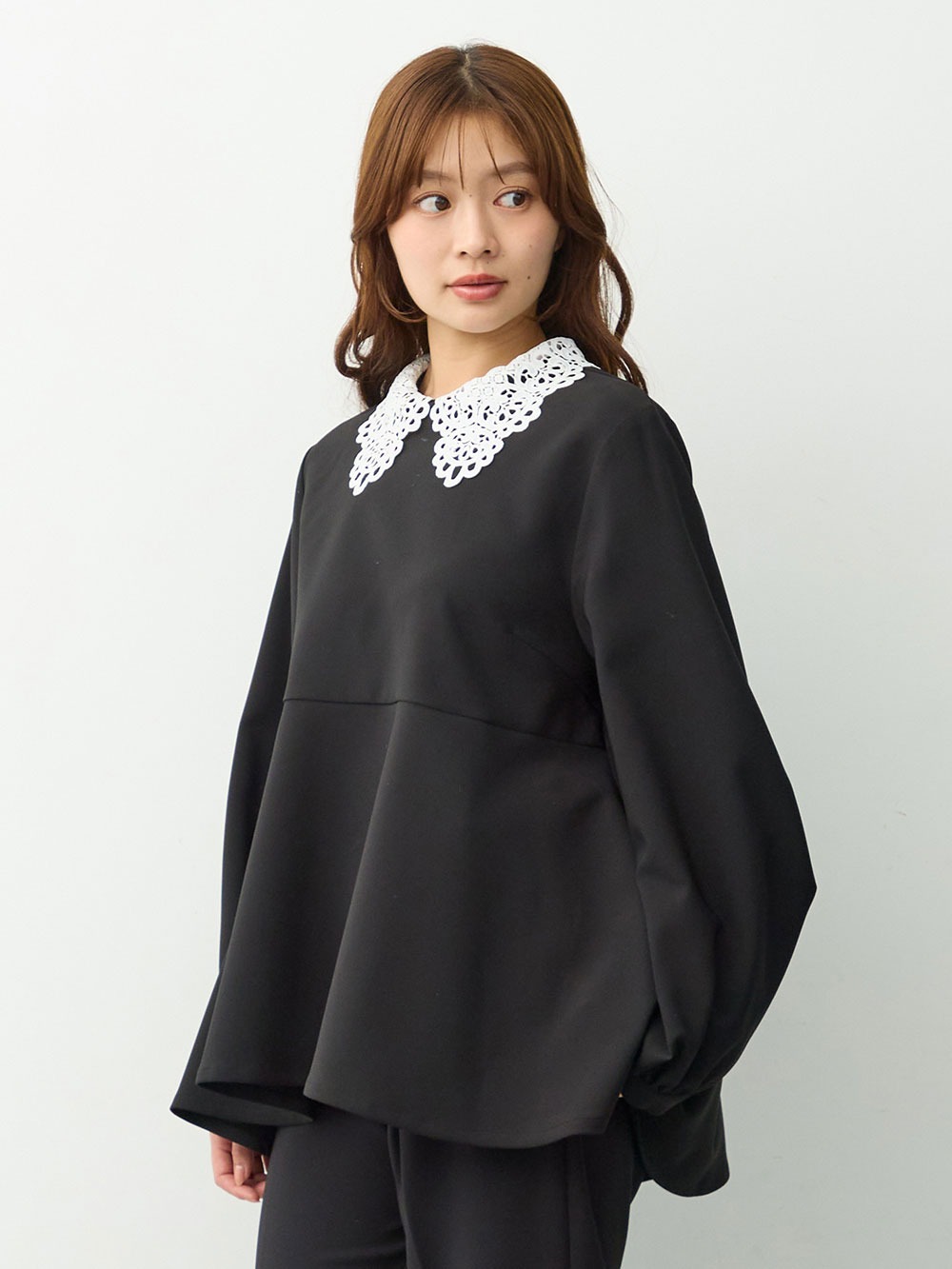 マタニティトップス・授乳服トップス|【セットアップ可】取り外しできる襟付きペプラムトップス　マタニティ・産後授乳服【出産後も長く着られる】|ブラック