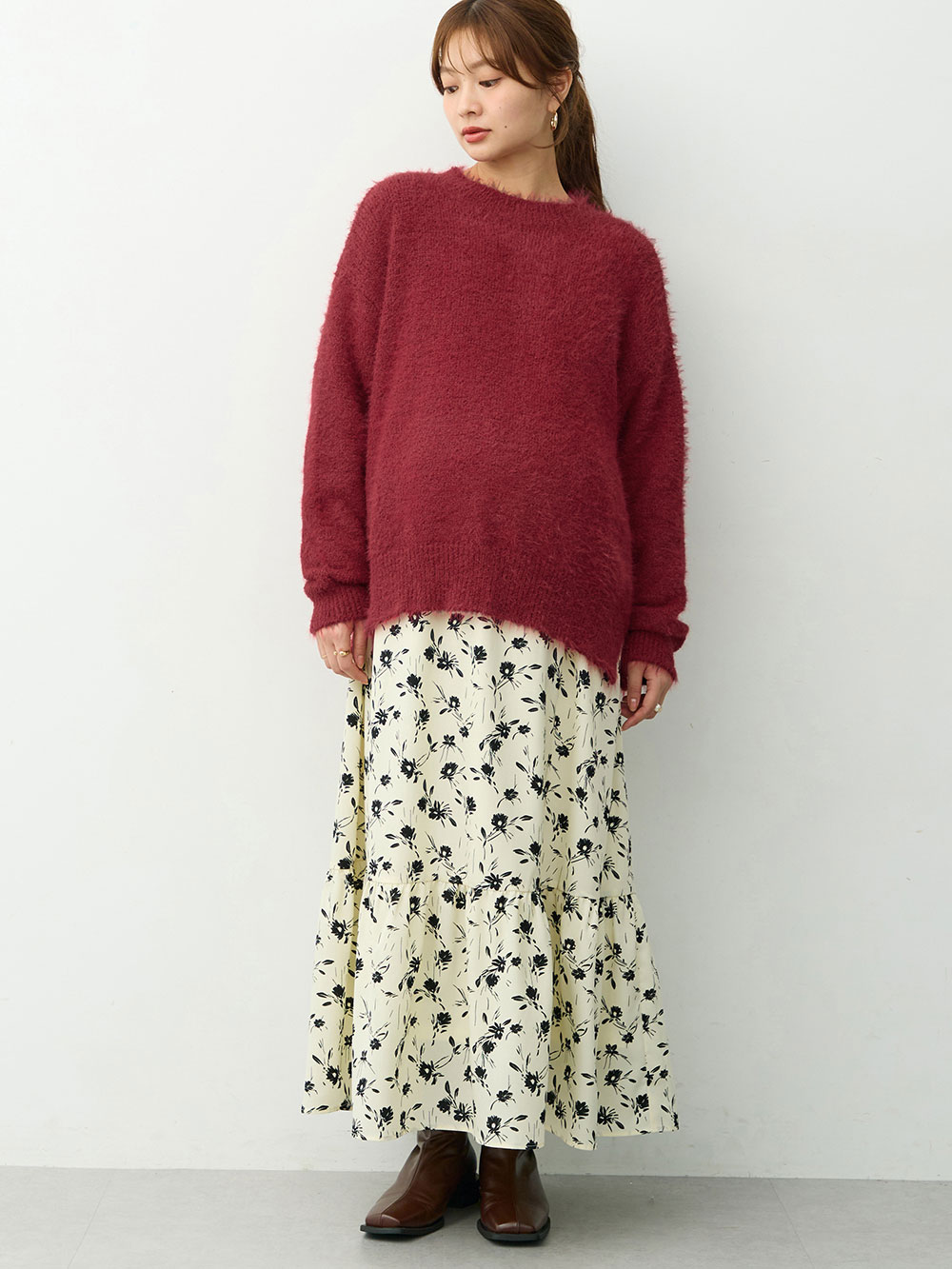 マタニティ ワンピース|【選べる2丈】ウエストシャーリング花柄ティアードワンピース　マタニティ・授乳服【出産後も長く着られる】|オフ