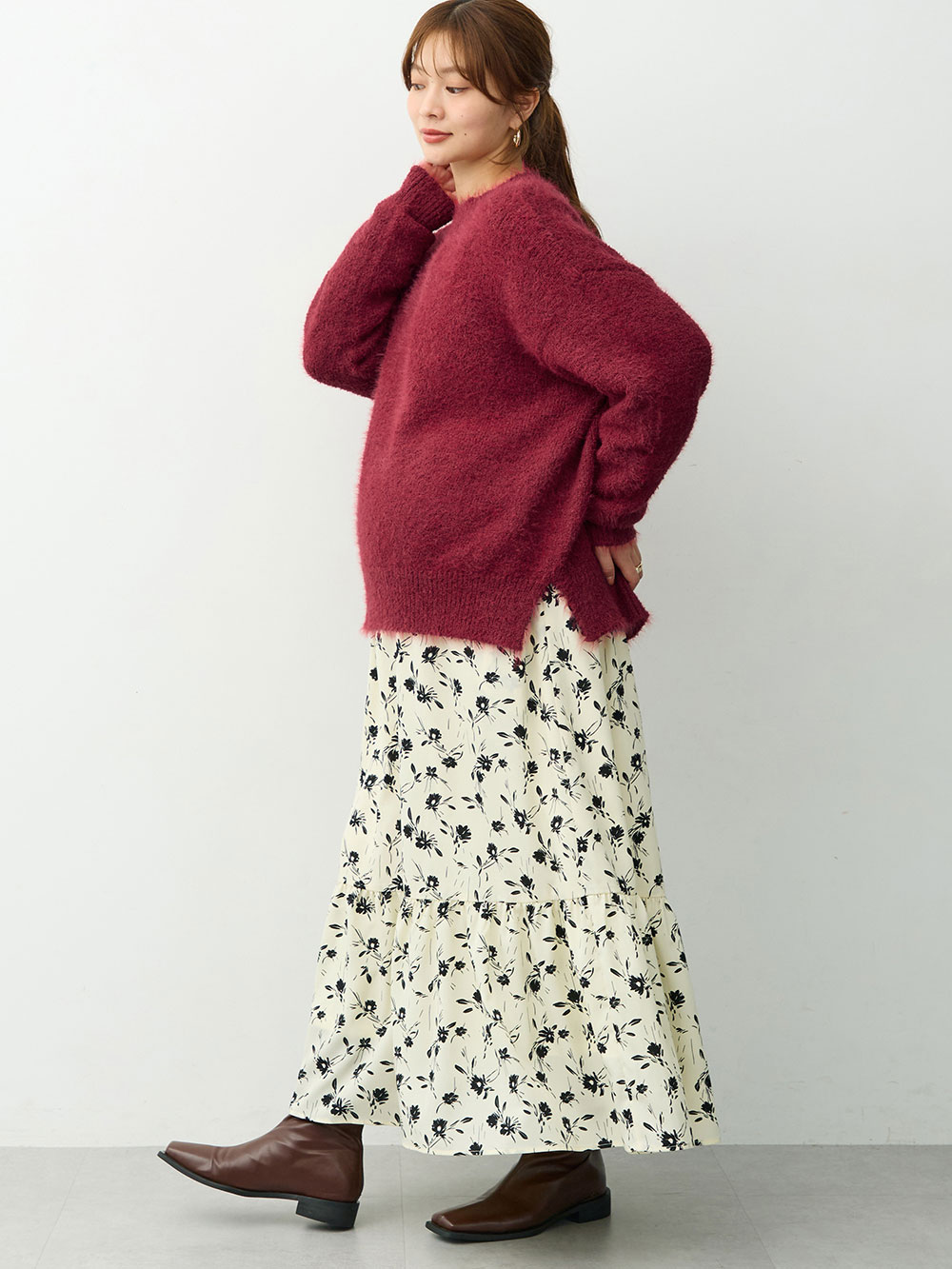 マタニティ ワンピース|【選べる2丈】ウエストシャーリング花柄ティアードワンピース　マタニティ・授乳服【出産後も長く着られる】|オフ
