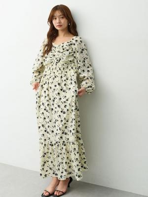 【選べる2丈】ウエストシャーリング花柄ティアードワンピース　マタニティ・授乳服【出産後も長く着られる】10675