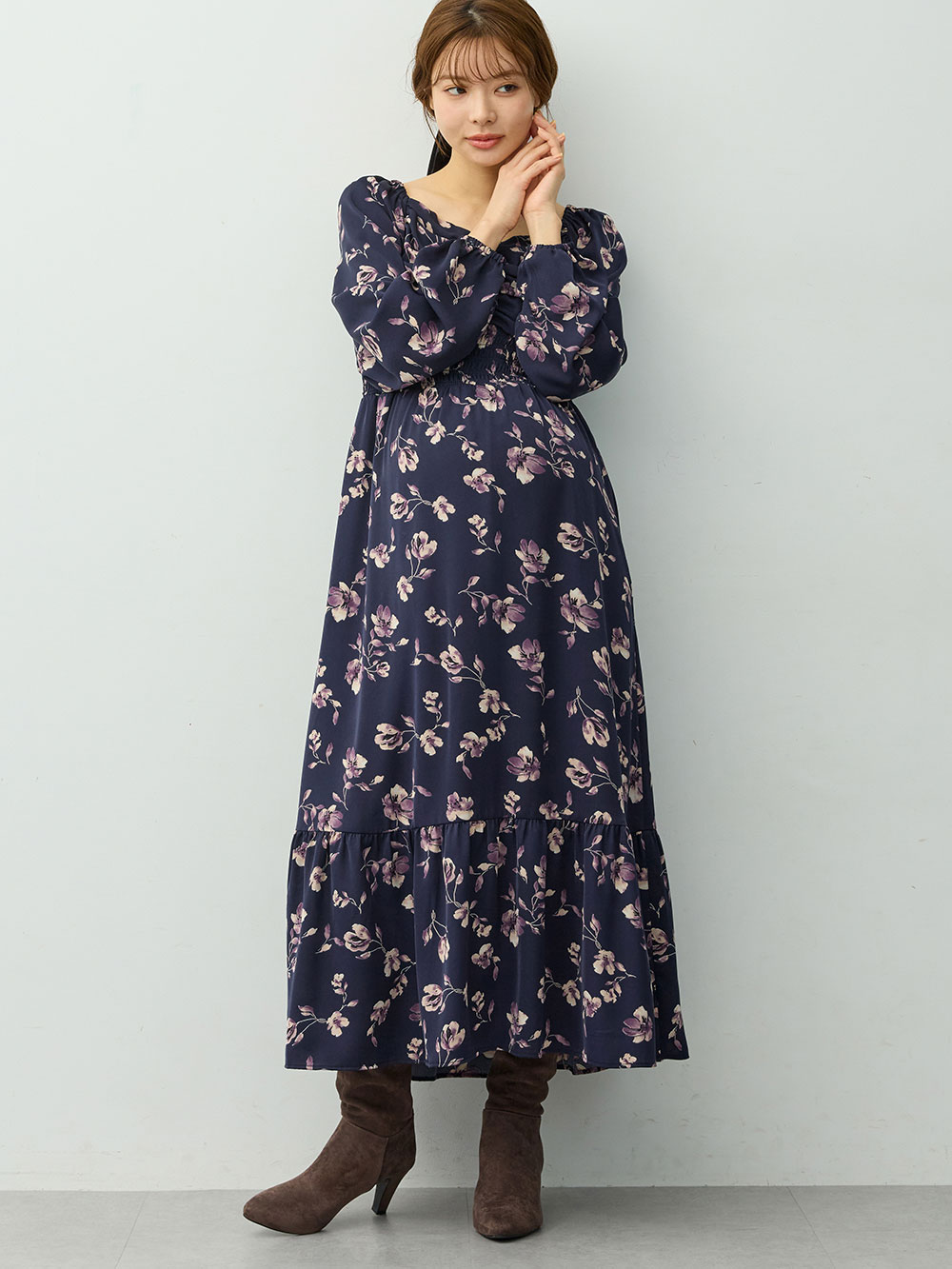 マタニティ ワンピース|【選べる2丈】ウエストシャーリング花柄ティアードワンピース　マタニティ・授乳服【出産後も長く着られる】|ネイビー