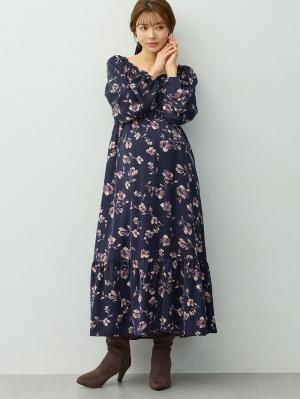 マタニティ ワンピース|【選べる2丈】ウエストシャーリング花柄ティアードワンピース　マタニティ・授乳服【出産後も長く着られる】|ネイビー