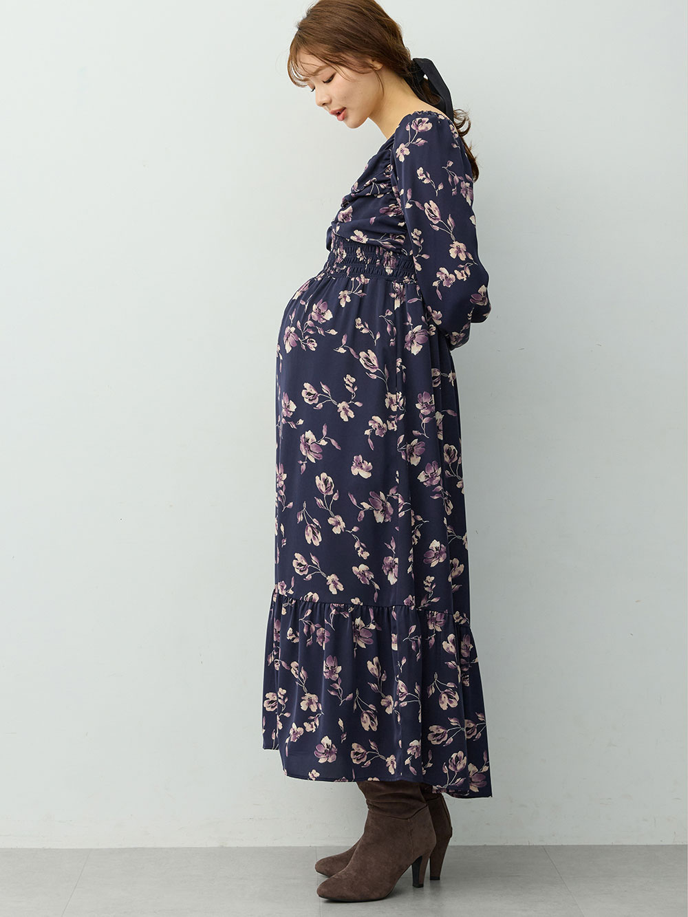マタニティ ワンピース|【選べる2丈】ウエストシャーリング花柄ティアードワンピース　マタニティ・授乳服【出産後も長く着られる】|ネイビー